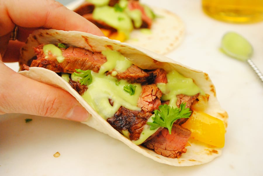 Spicy Skirt Steak with Avocado Dipping Sauce